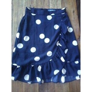 ModCloth Dark Navy White Polka Dot Front Wrap Ruffle Skirt Size 6 Retro …
